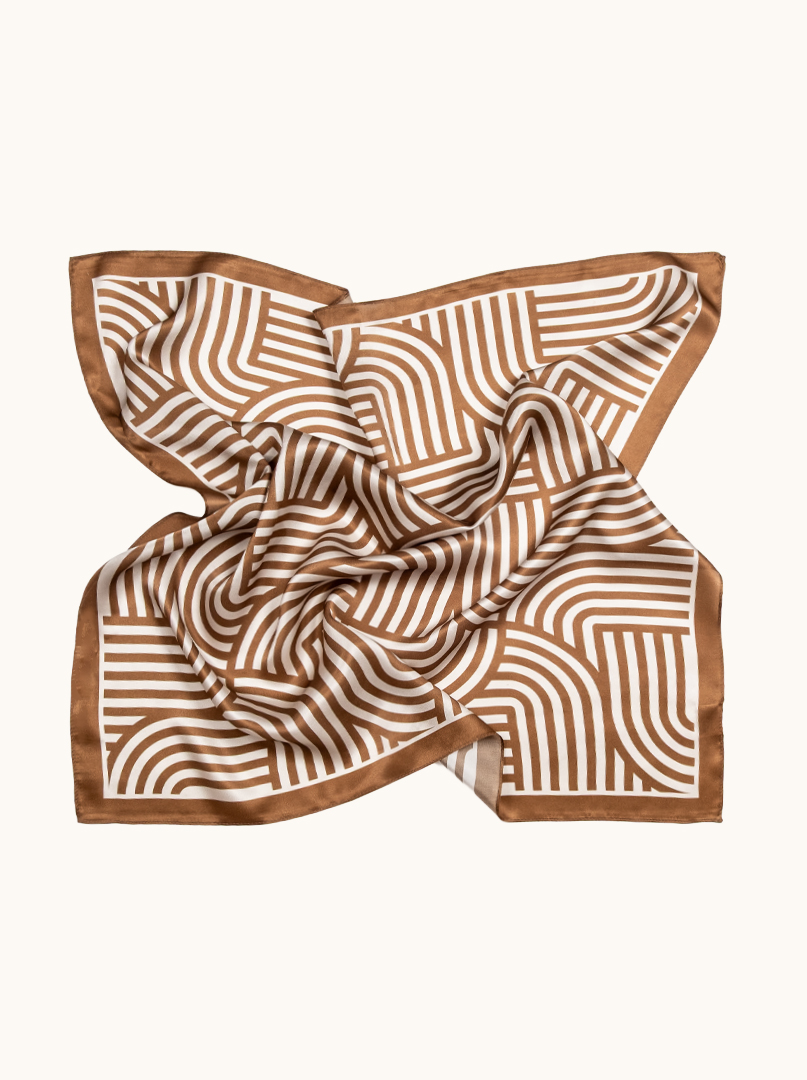 Brown silk scarf with geometric patterns 68cm x 68cm image 3