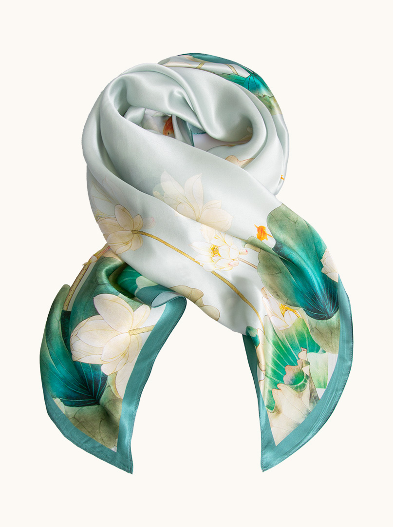 Large silk scarf in floral pattern - green with white flowers 90cm x 90cm image 1