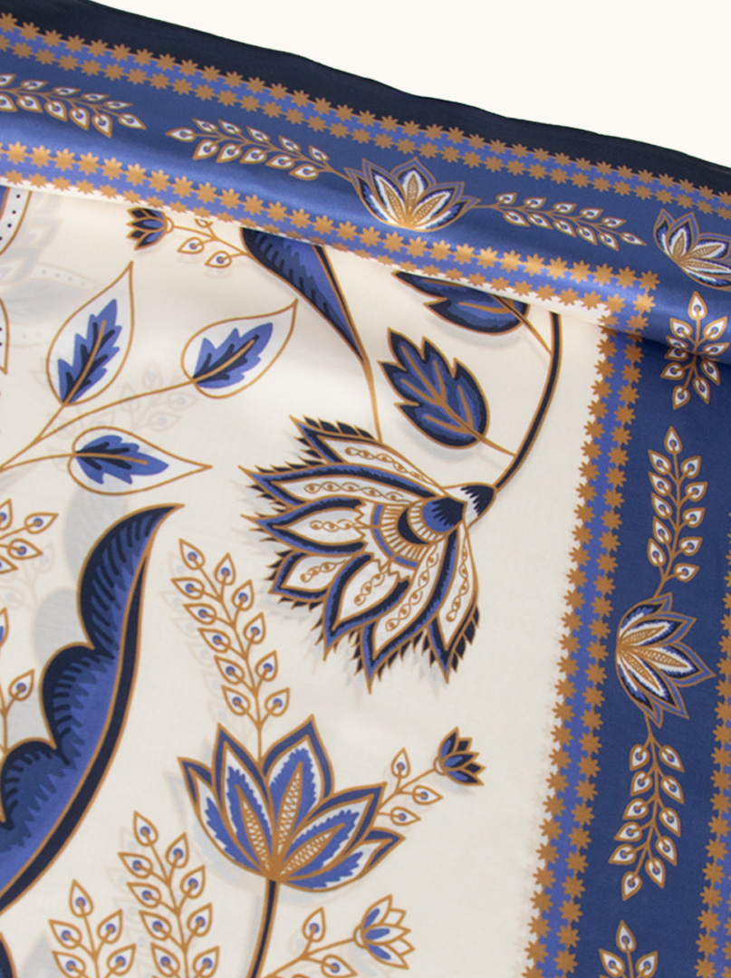 Large floral silk scarf navy blue and caramel 88x88 cm image 4