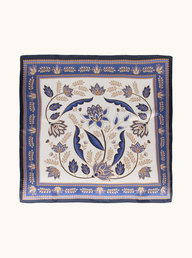 Large floral silk scarf navy blue and caramel 88x88 cm image 2