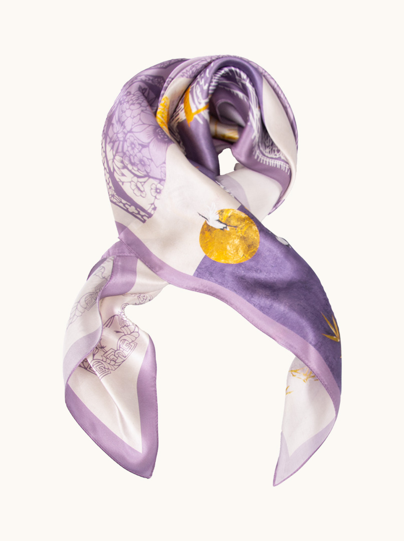 Large silk scarf with Japanese motif 90cm x 90cm image 1