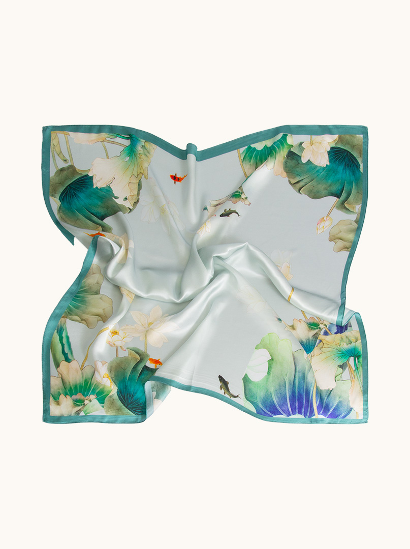 Large silk scarf in floral pattern - green with white flowers 90cm x 90cm image 3