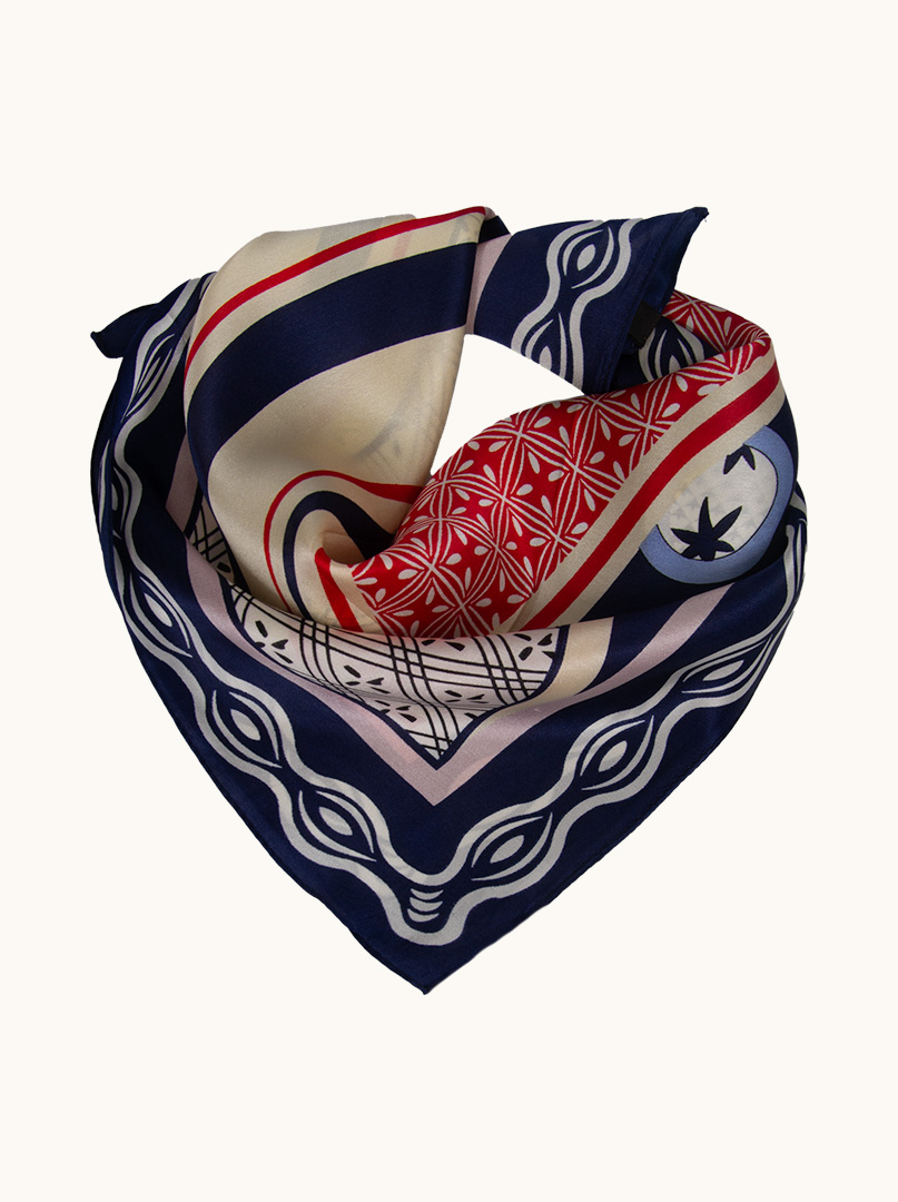 Silk gavroche with navy blue border and artistic pattern 53 cm x 53 cm image 1