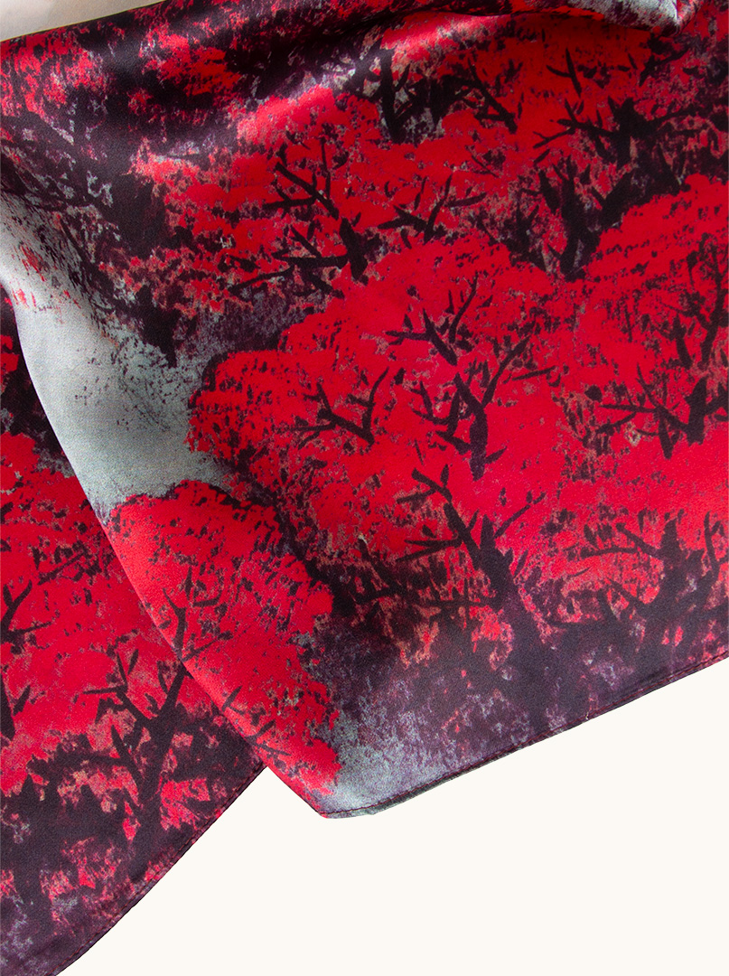Grey-red silk scarf with forest motif 55cm x175cm image 3