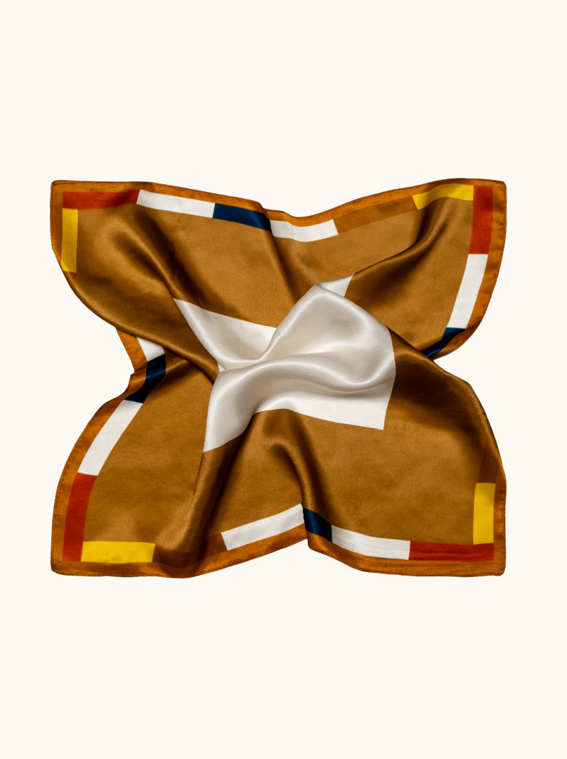 Small women's silk scarf in caramel shade with geometric frame, 53 cm x 53 cm image 3
