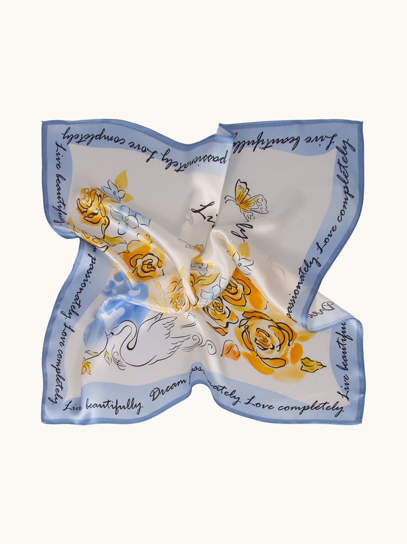 Silk scarf with blue border with flower motif 65 cm x 65 cm image 2