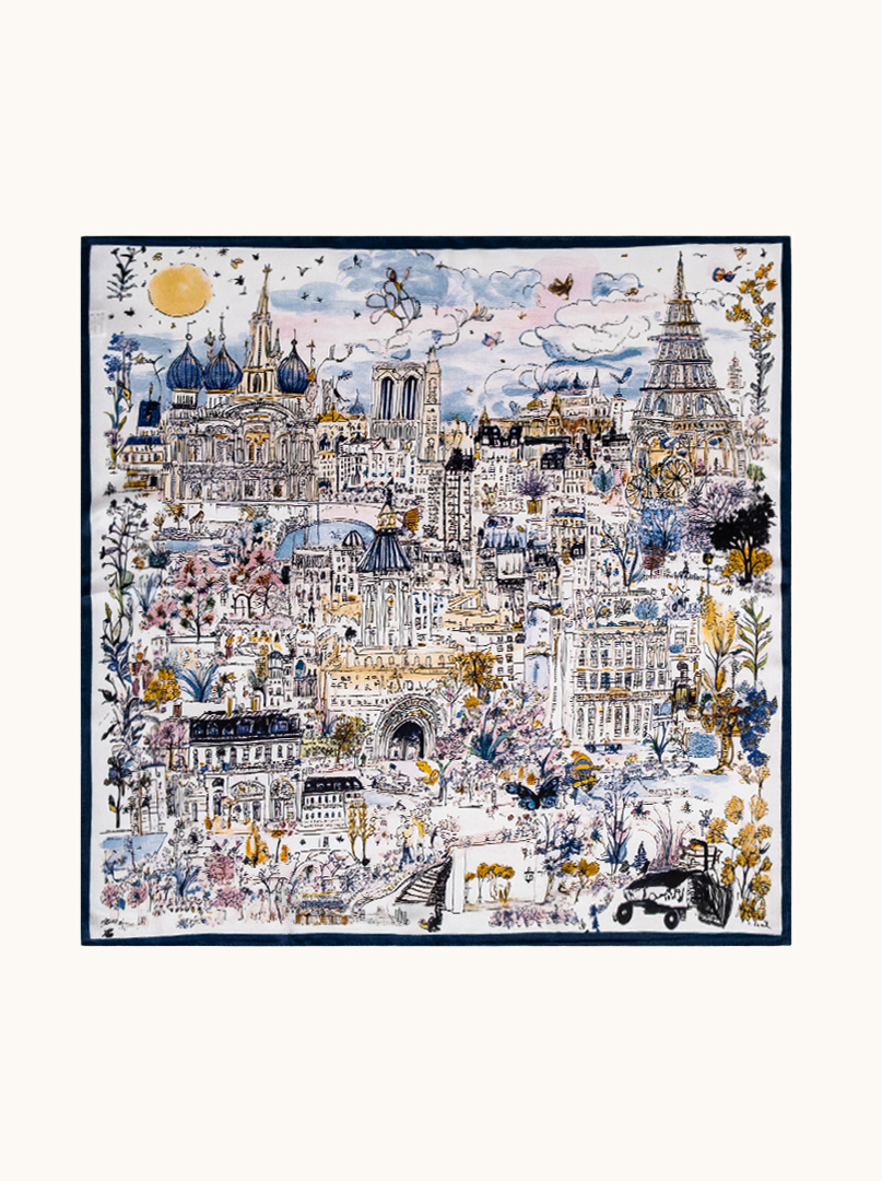 Small silk women's scarf with city motif, 53 cm x 53 cm image 2