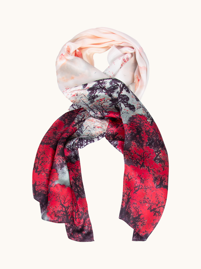 Grey-red silk scarf with forest motif 55cm x175cm image 1
