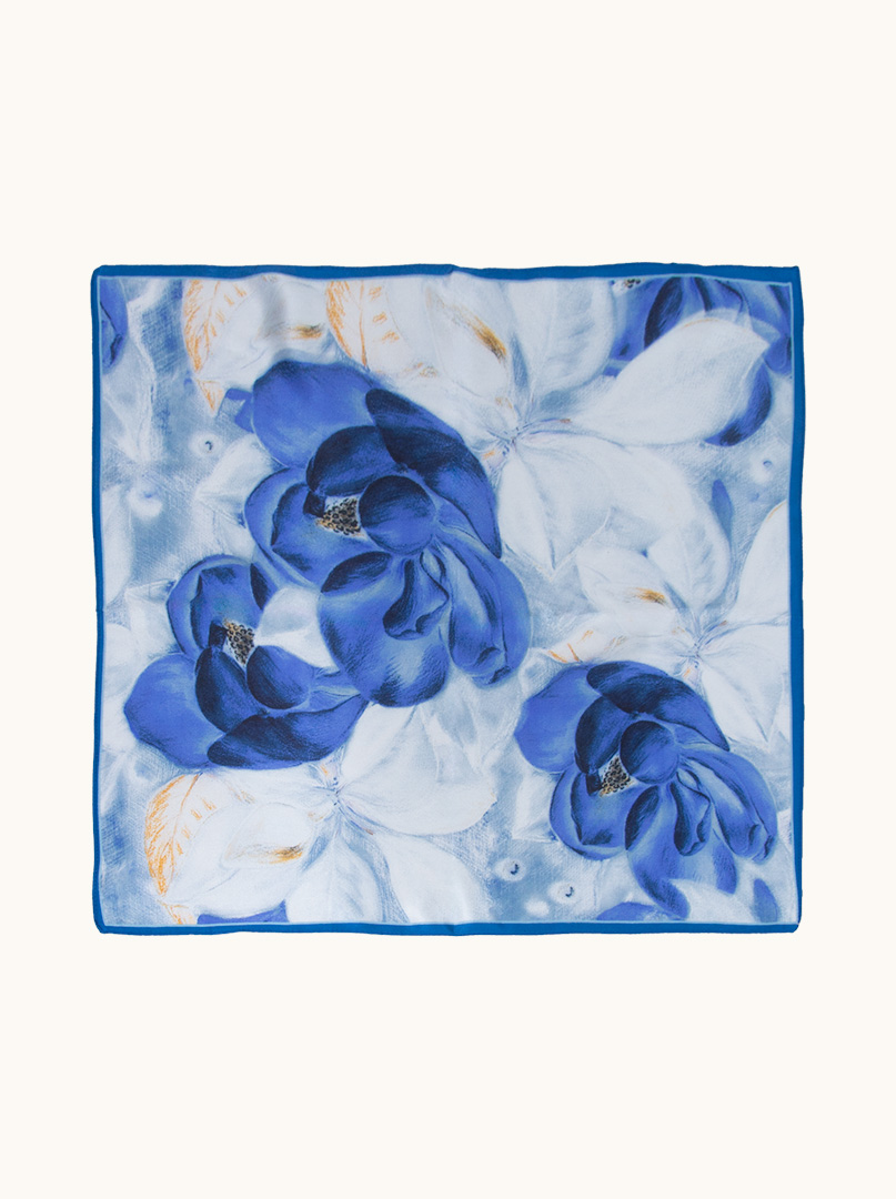 Blue silk gavroshka with floral motif 53 cm x 53 cm image 2