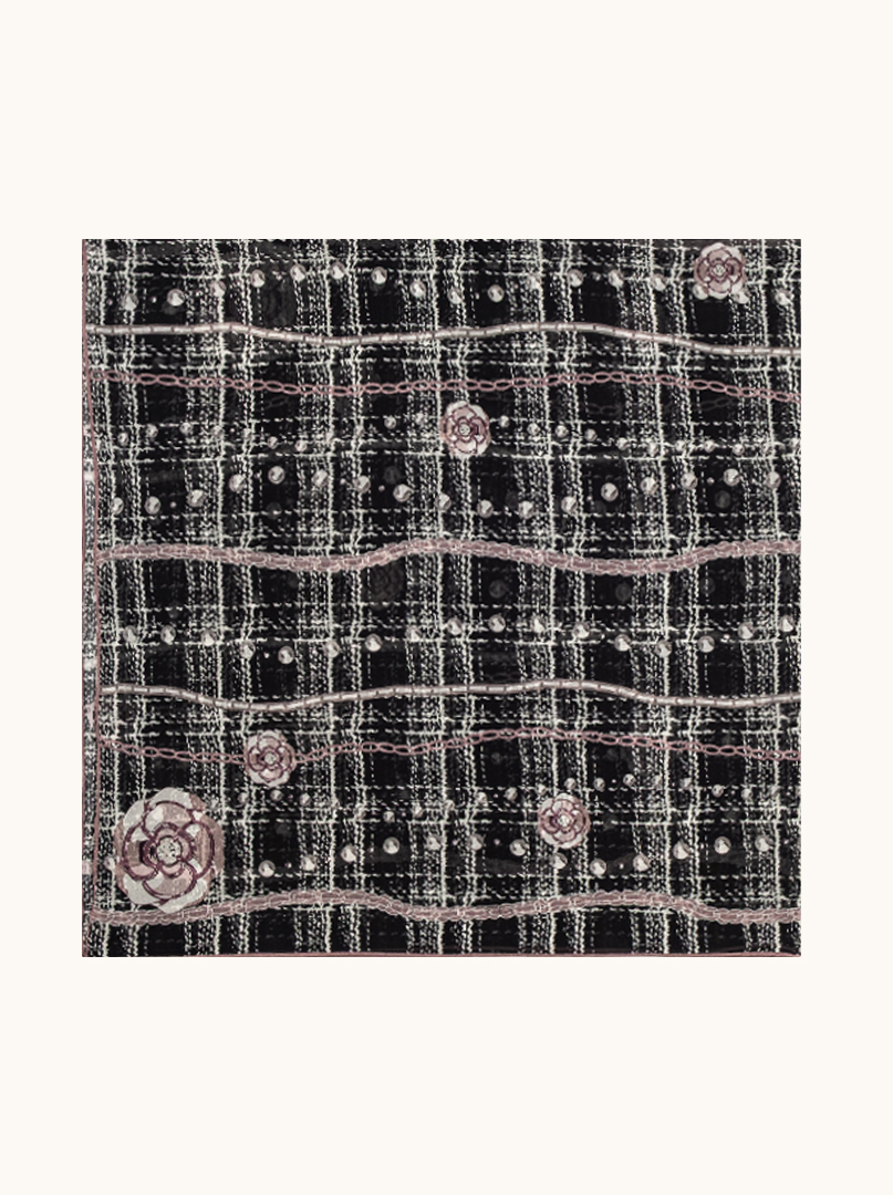 Large scarf silk mulberry check pearls roses on black 105 cm x110 cm image 2