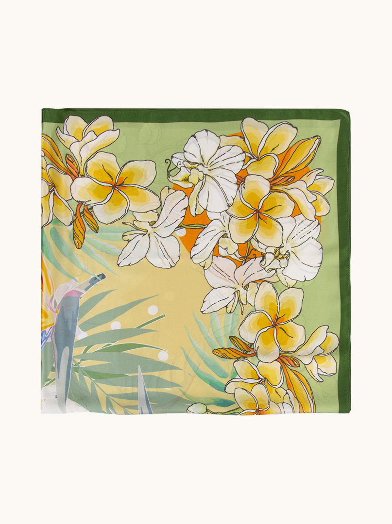 Green silk scarf with floral motif 90 cm x 90  image 4