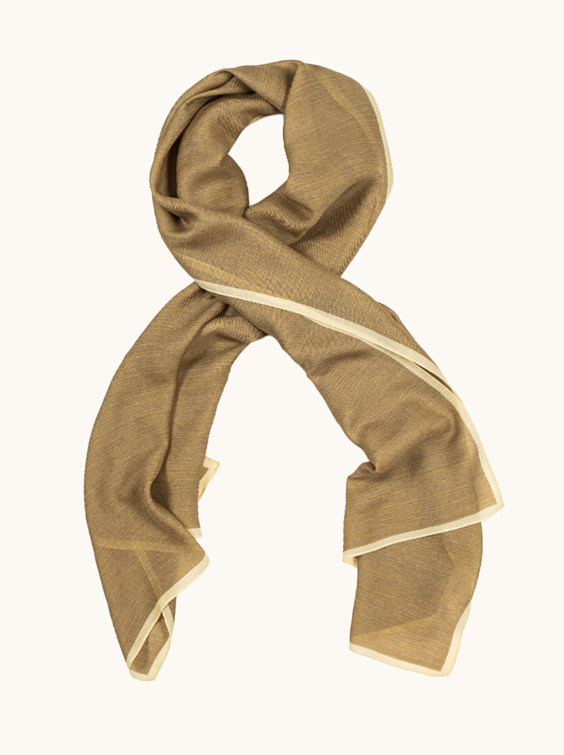 Mustard wool and silk scarf with accents of beige and gray 65 cm x 190 cm image 1