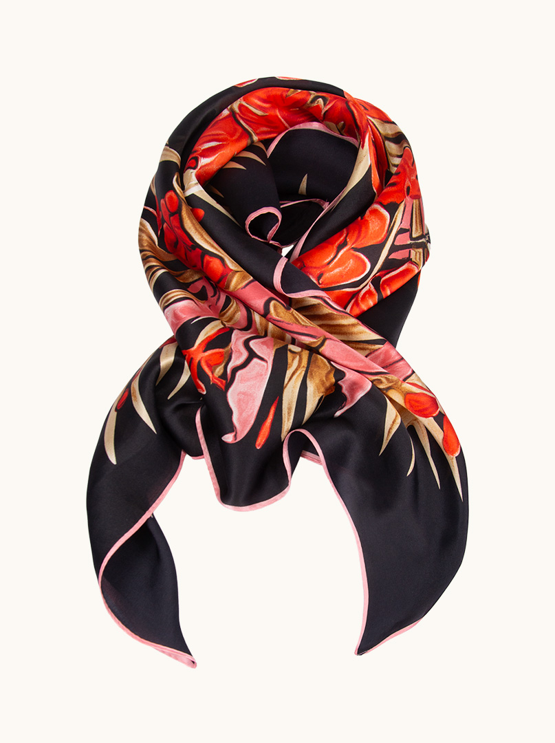 Silk scarf 90cm x 90cm black with floral motif image 2