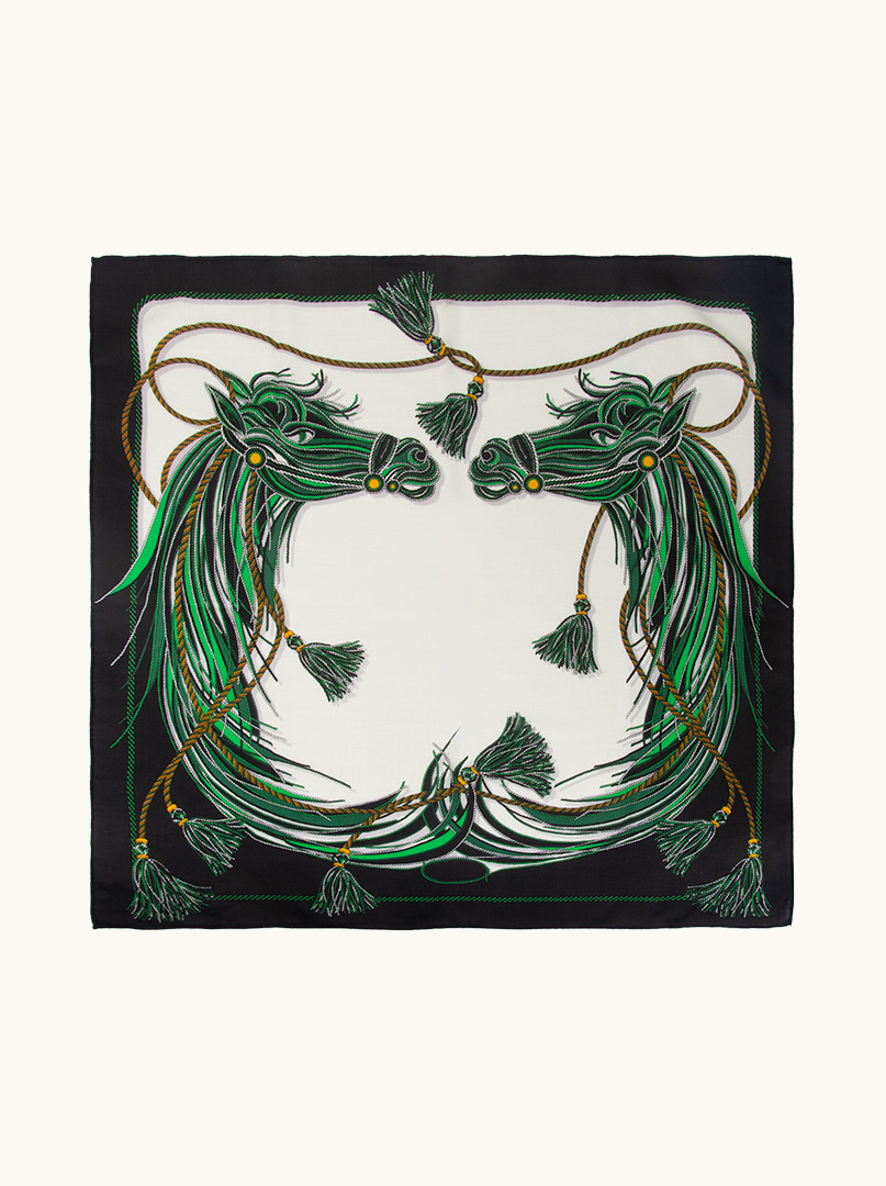 Wool and silk scarf with horse motif on black background 90 cm x 90 cm image 4