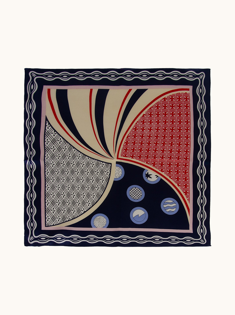 Silk gavroche with navy blue border and artistic pattern 53 cm x 53 cm image 4