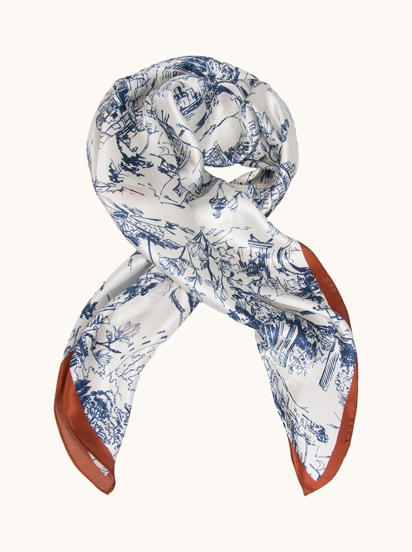 Silk scarf with city motif with brown border 88 cm x 88 cm image 1
