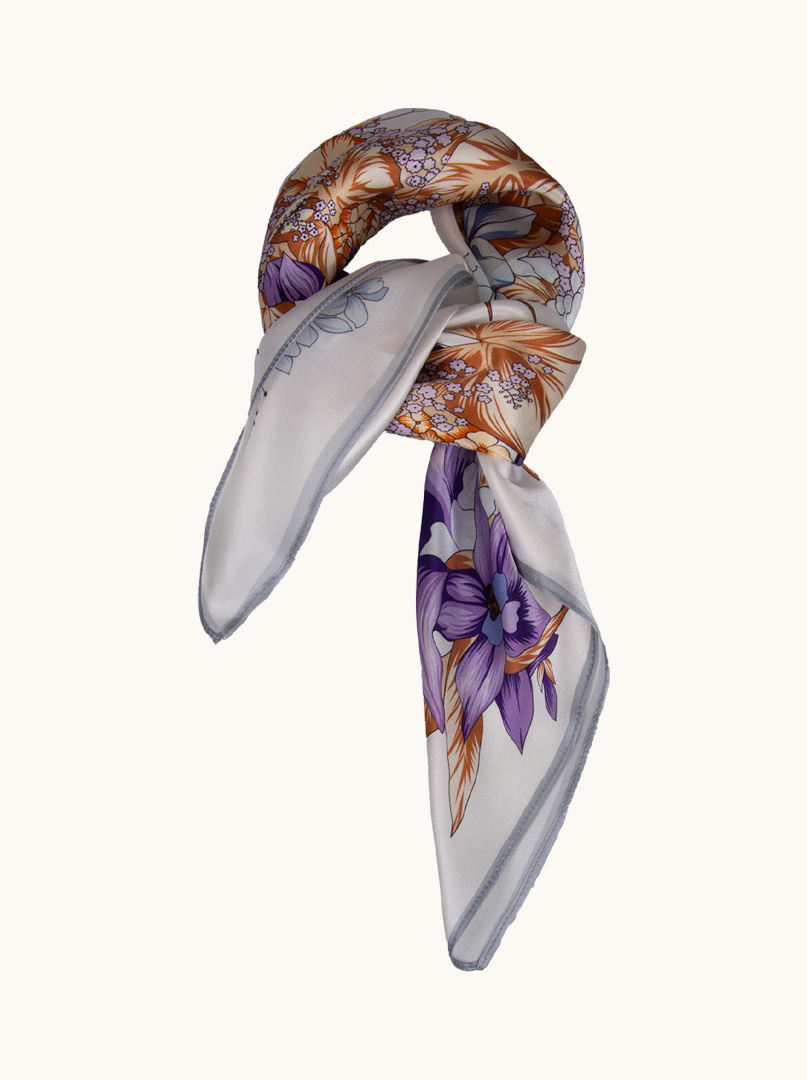 Silk scarf on white background with floral motif 68 cm x 68 cm image 3