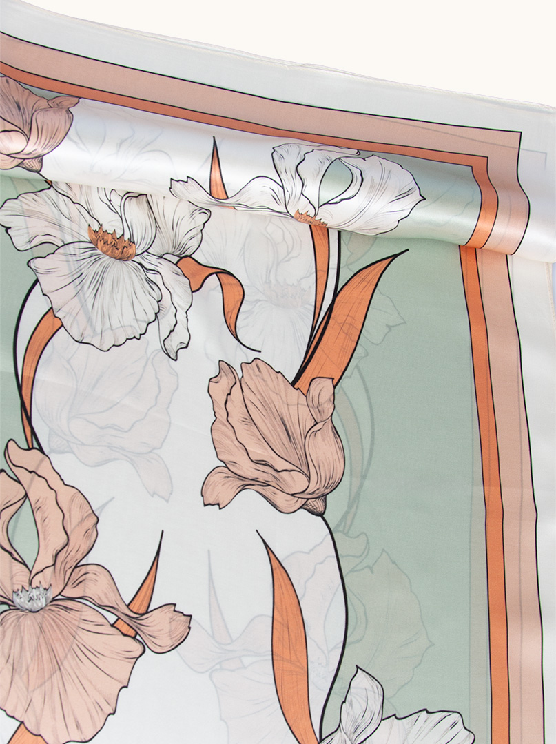 Large silk scarf with iris motif mint and salmon 88x88 cm image 3