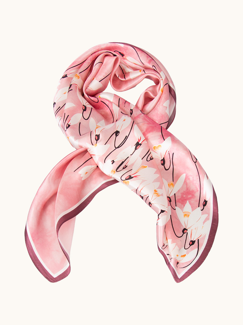 Large pink silk scarf with floral pattern 88cm x88cm image 1