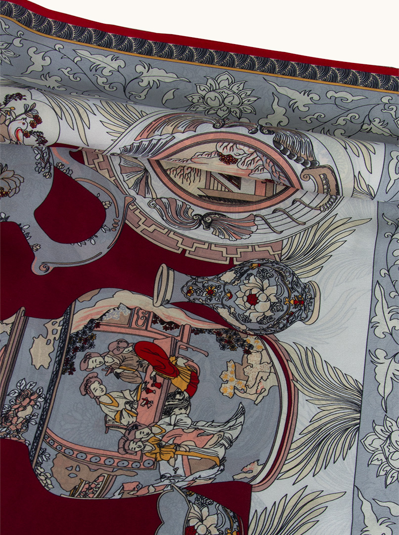 Silk scarf with red border with vase motif 86 cm x 86 cm image 3