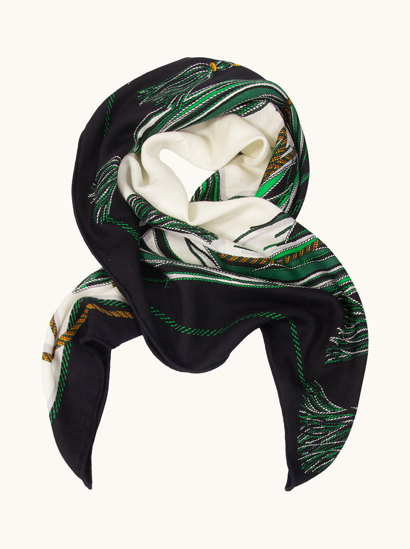 Wool and silk scarf with horse motif on black background 90 cm x 90 cm image 1