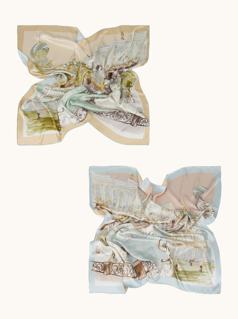  Large beige double-sided silk scarf with city motif 110cm x 110cm PREMIUM image 2