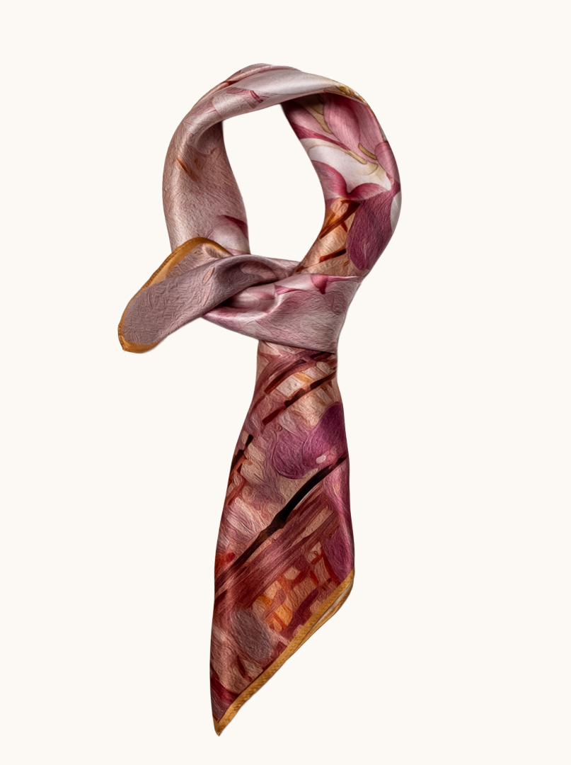 Brown silk scarf with geometric patterns 68cm x 68cm image 1