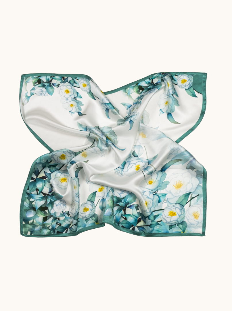 Silk scarf in shades of white and emerald 68cm x 68cm image 1