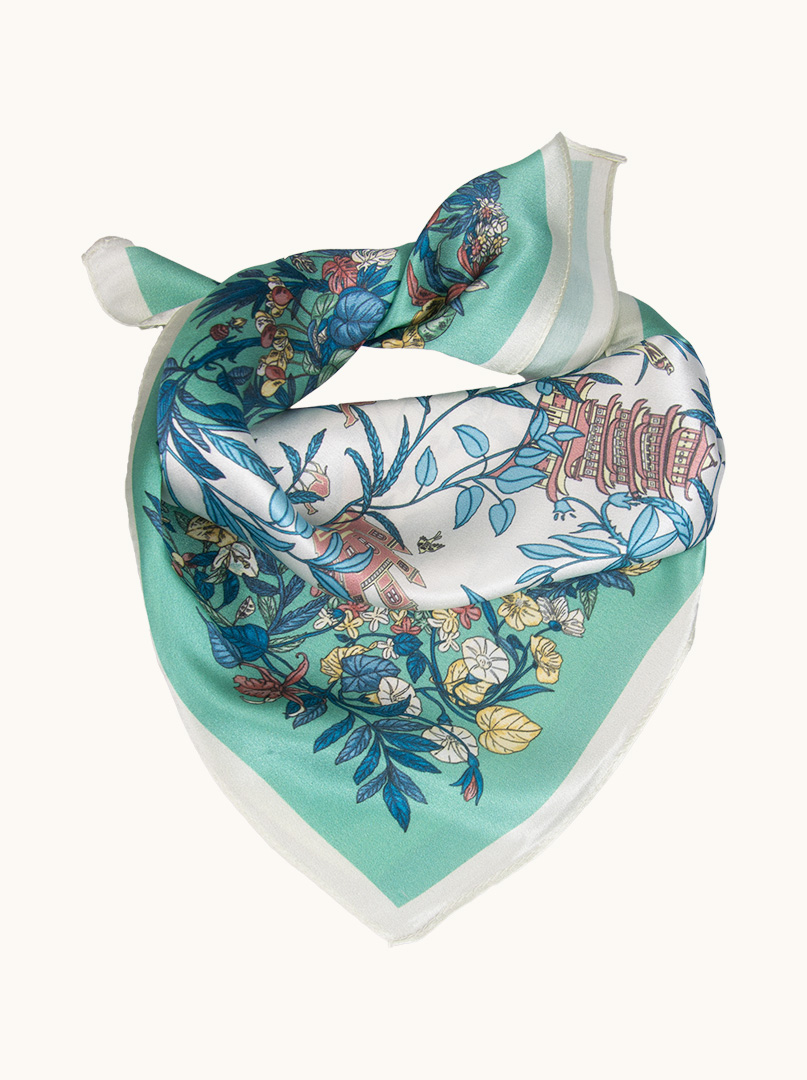 Green silk gavroshka with flowers 53 cm x 53 cm image 1