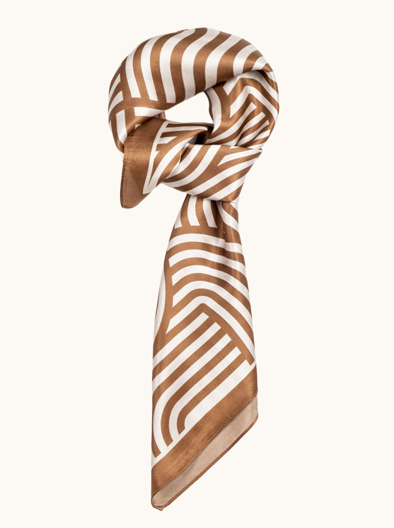 Brown silk scarf with geometric patterns 68cm x 68cm image 1