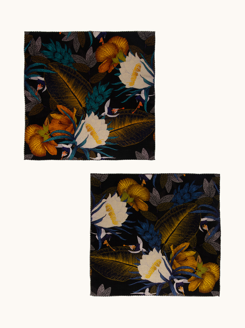 Two-sided scarf wool with silk on black background with floral motif 65 cm x 65 cm image 4