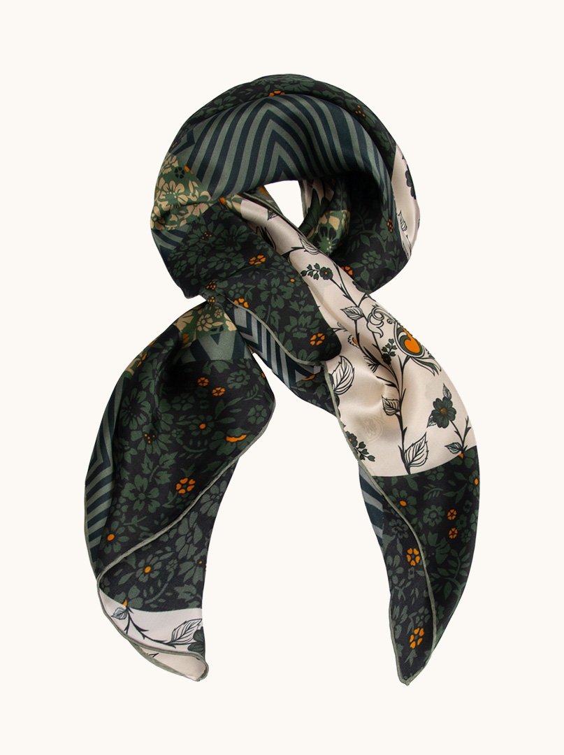 Green silk scarf with floral motif 90 cm x 90 cm image 1