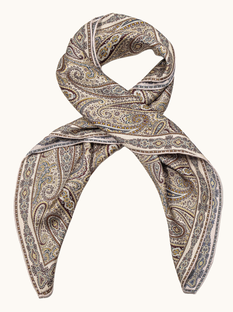 Exclusive silk double-sided beige and blue scarf with paisley pattern 90cm x 90cm image 2