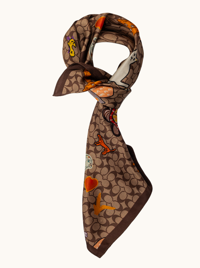 Black silk scarf with geometric patterns 68cm x 68cm image 1