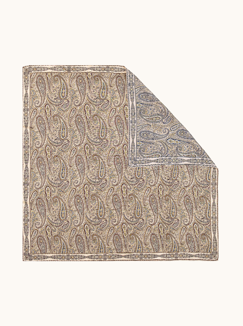 Exclusive silk double-sided beige and blue scarf with paisley pattern 90cm x 90cm image 1