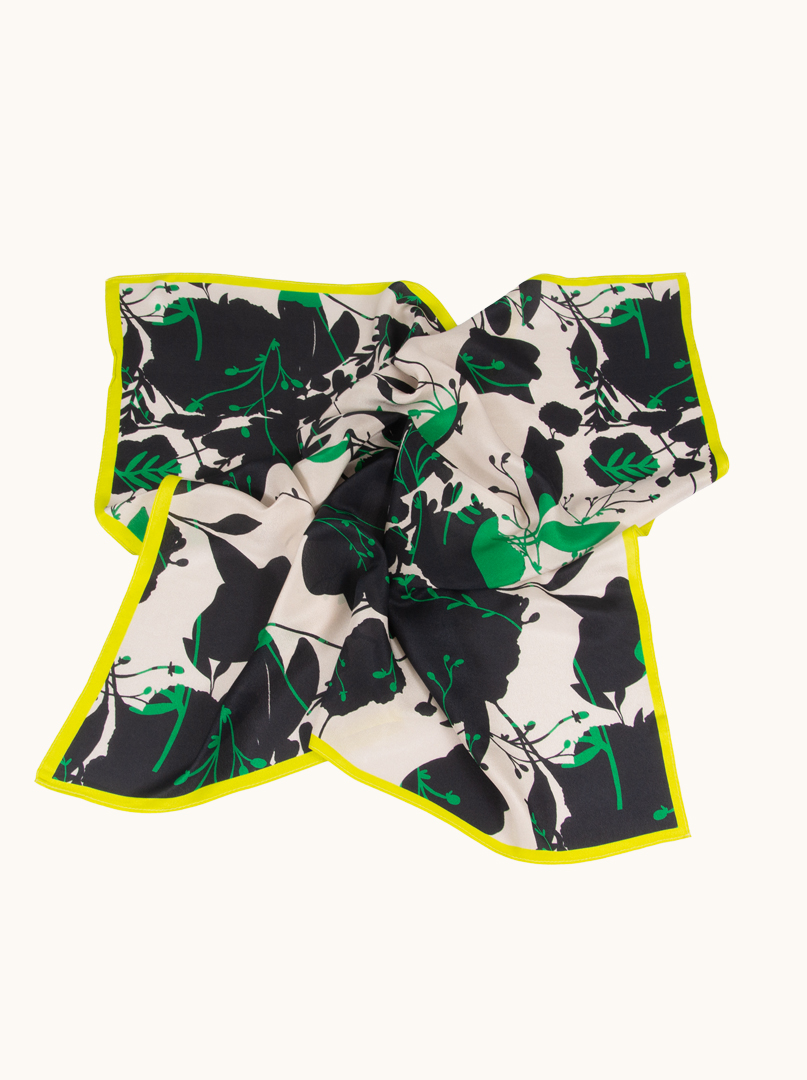 Medium mulberry silk scarf with floral motif and lime green trim 65cm x65cm image 3