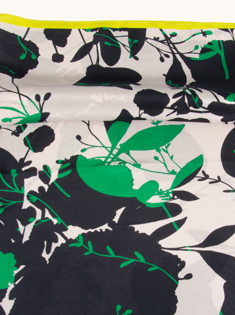 Medium mulberry silk scarf with floral motif and lime green trim 65cm x65cm image 4