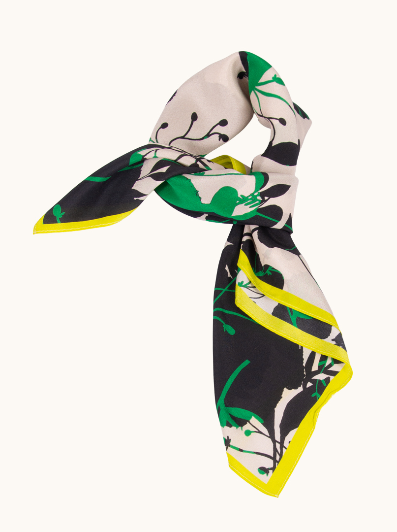 Medium mulberry silk scarf with floral motif and lime green trim 65cm x65cm image 1