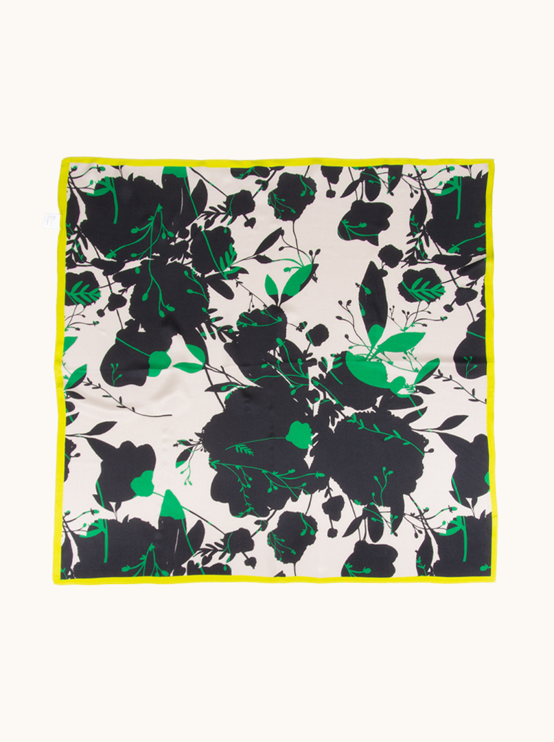 Medium mulberry silk scarf with floral motif and lime green trim 65cm x65cm image 2