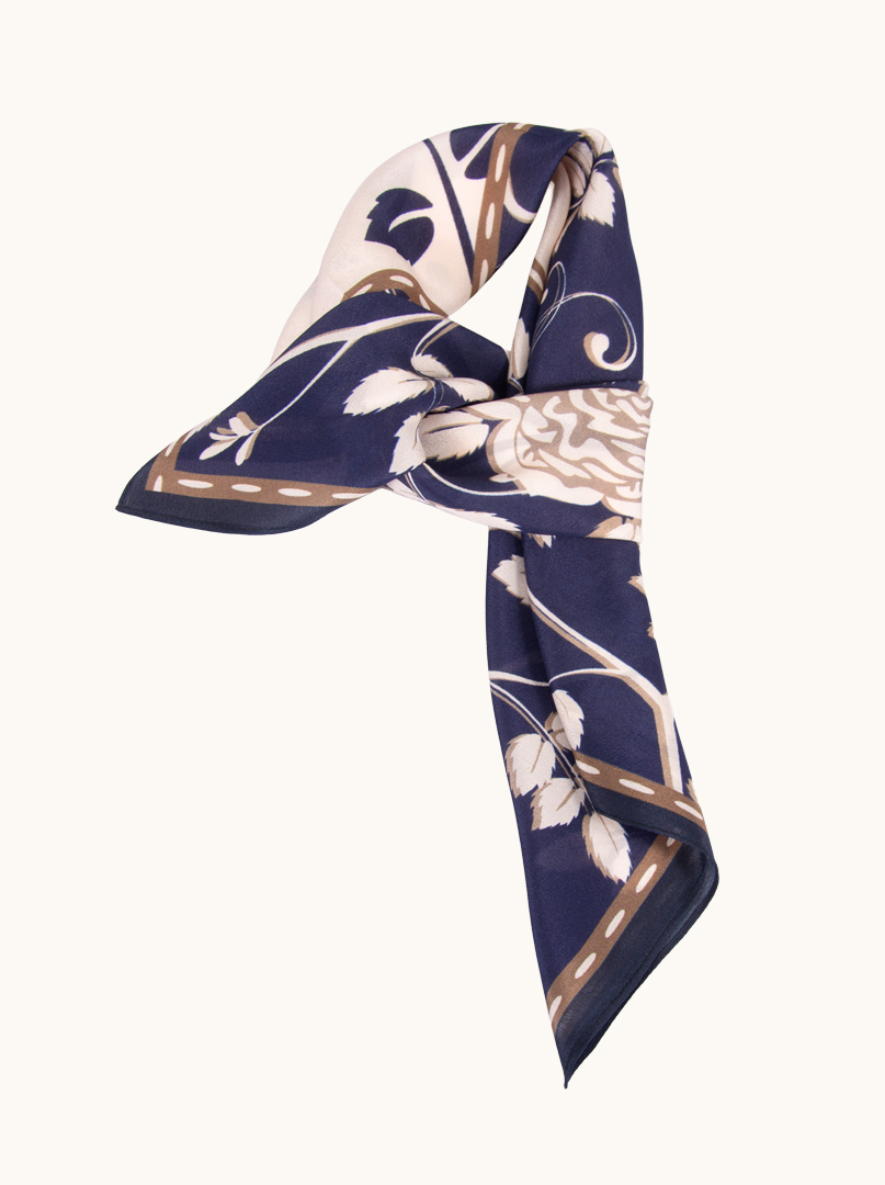 Medium navy blue and beige mulberry silk scarf with floral pattern 65cm x65cm image 1