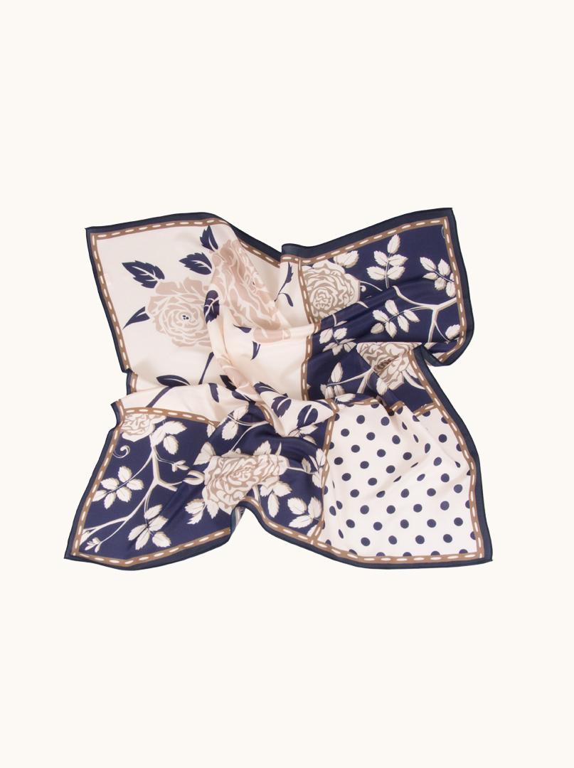Medium navy blue and beige mulberry silk scarf with floral pattern 65cm x65cm image 2