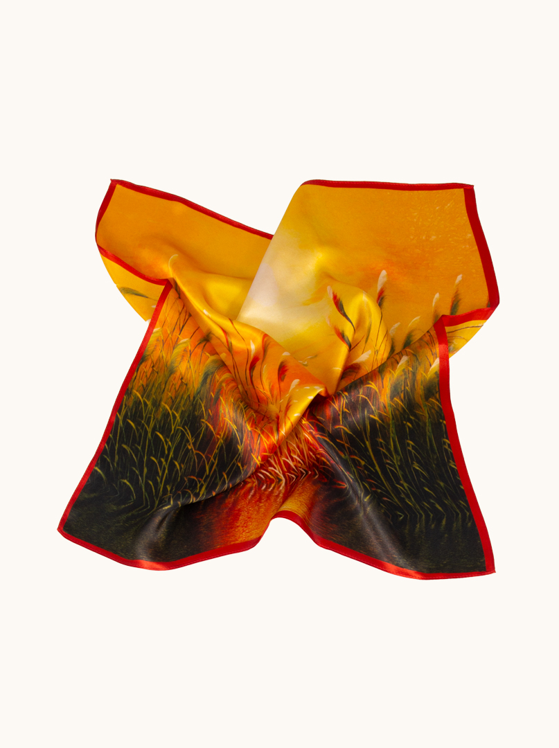 Small gold silk gavroshka scarf with sunset and reeds motif 53cm x53cm image 3