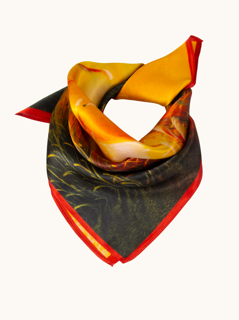 Small gold silk gavroshka scarf with sunset and reeds motif 53cm x53cm image 1