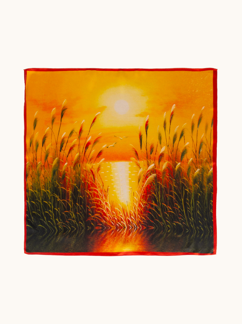 Small gold silk gavroshka scarf with sunset and reeds motif 53cm x53cm image 2