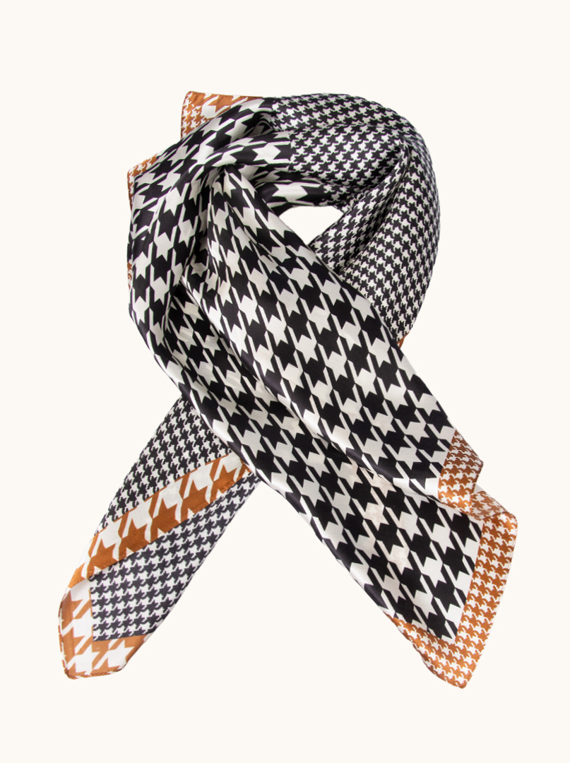 Large black and white peplite silk scarf with caramel border 88cm x88cm image 1