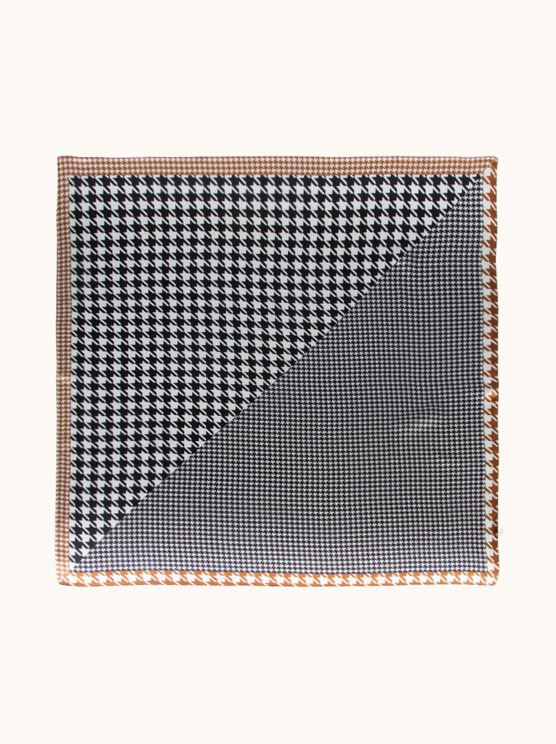 Large black and white peplite silk scarf with caramel border 88cm x88cm image 2