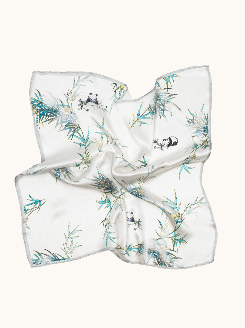 Small white silk scarf with pandas motif 53cm x53cm image 3