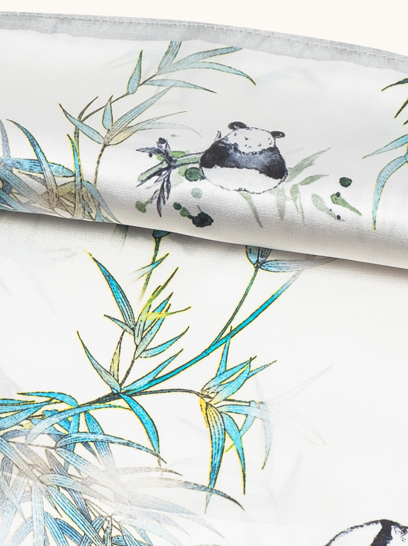 Small white silk scarf with pandas motif 53cm x53cm image 4