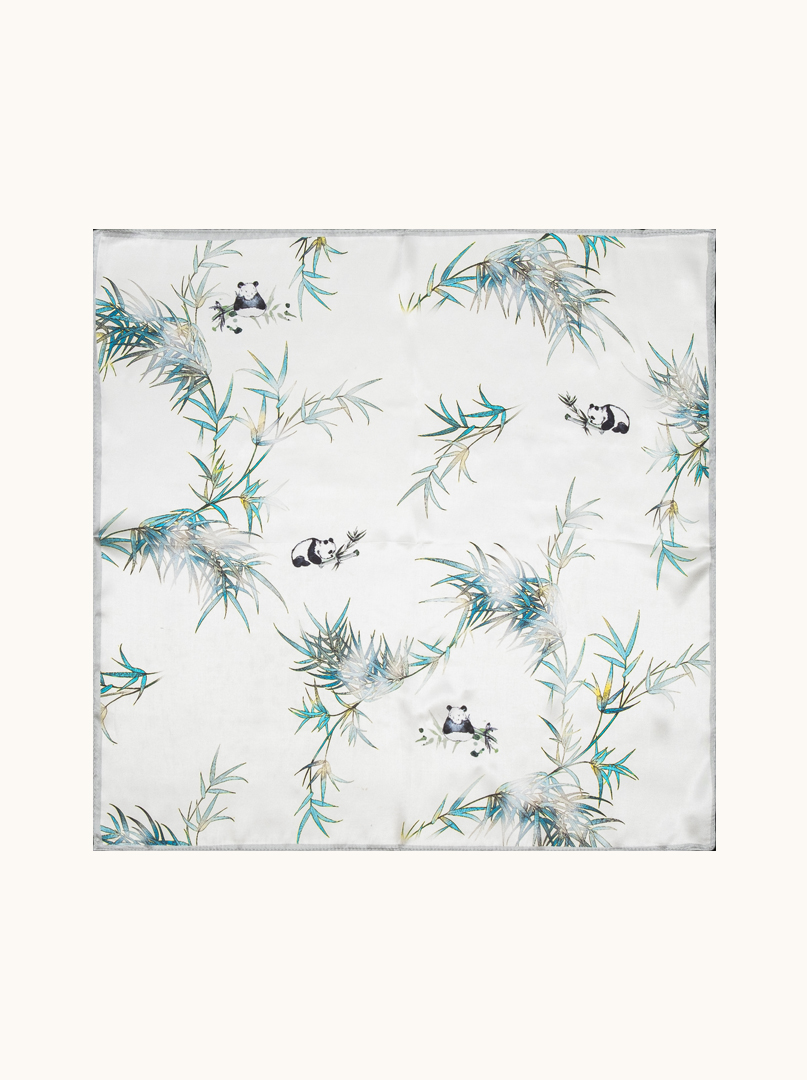 Small white silk scarf with pandas motif 53cm x53cm image 2