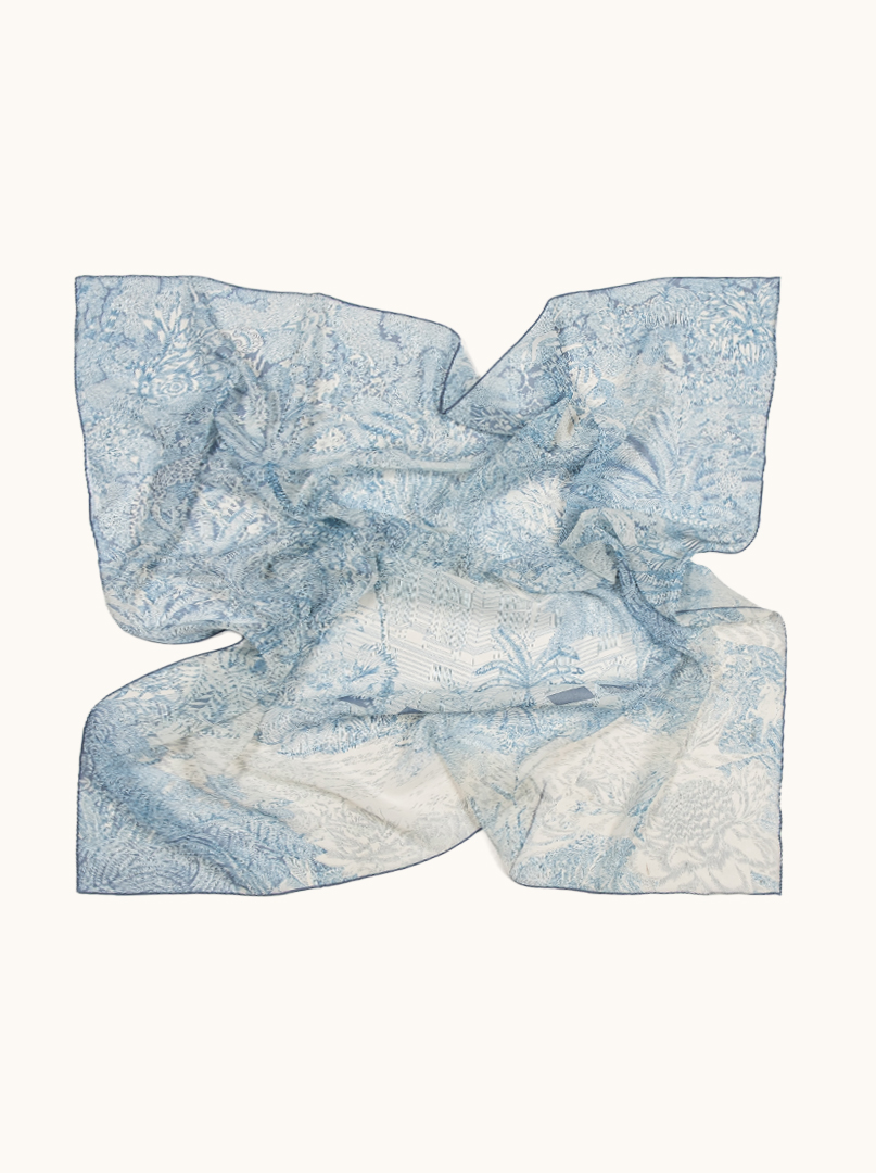 Large mulberry silk scarf with floral motif in shades of blue 102 cm x108 cm image 3